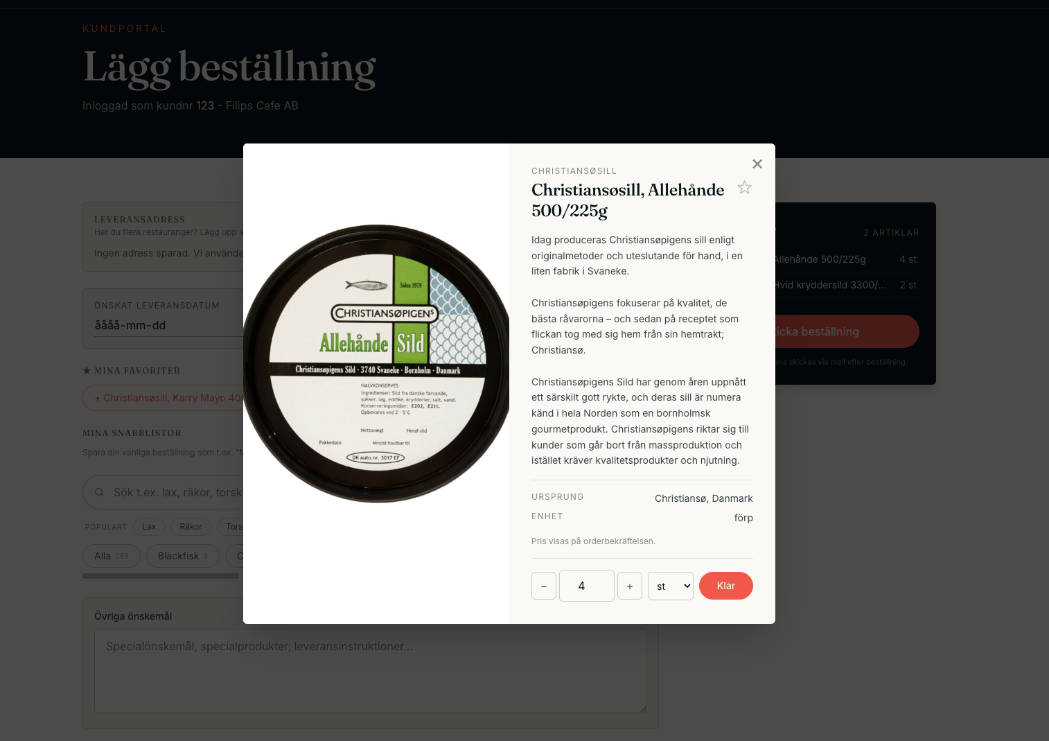 Produktdetaljer med ursprung och förpackning i kundportalen