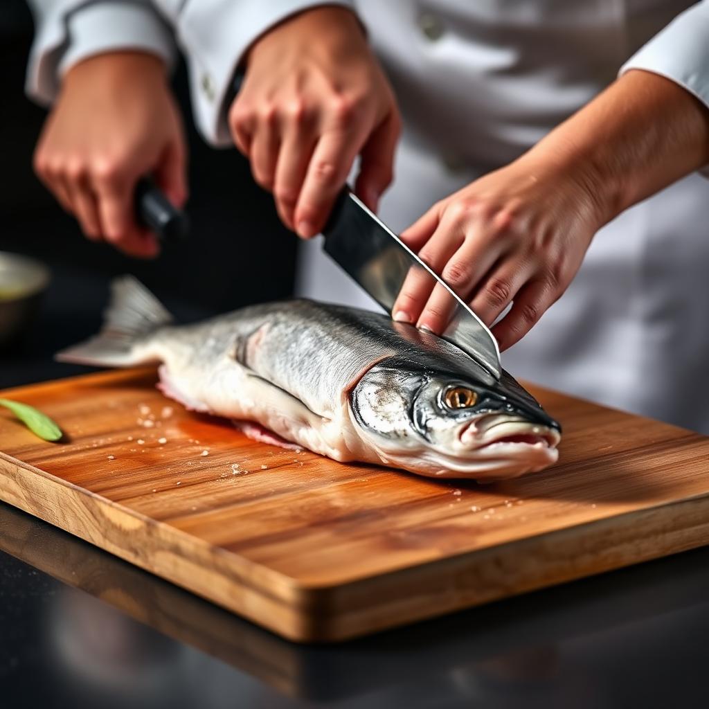 Kock som filéar färsk fisk