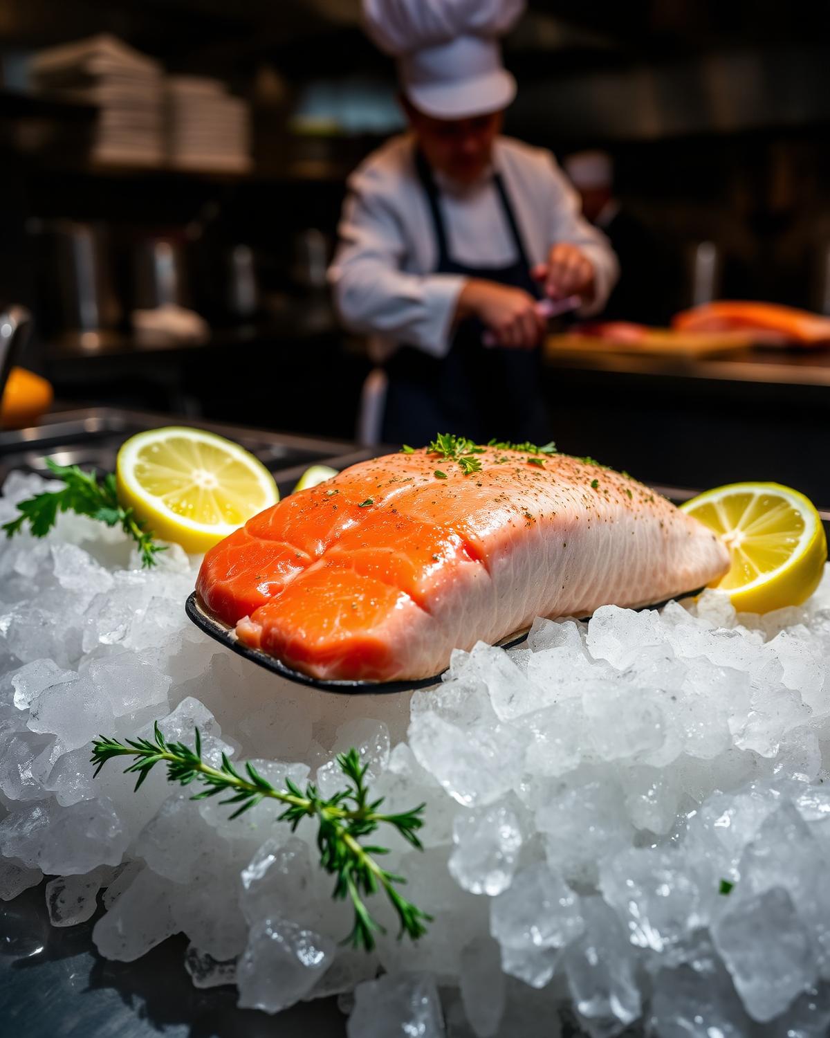 Färsk laxsida på is — Dalarös Fisk levererar lax till Stockholms restauranger