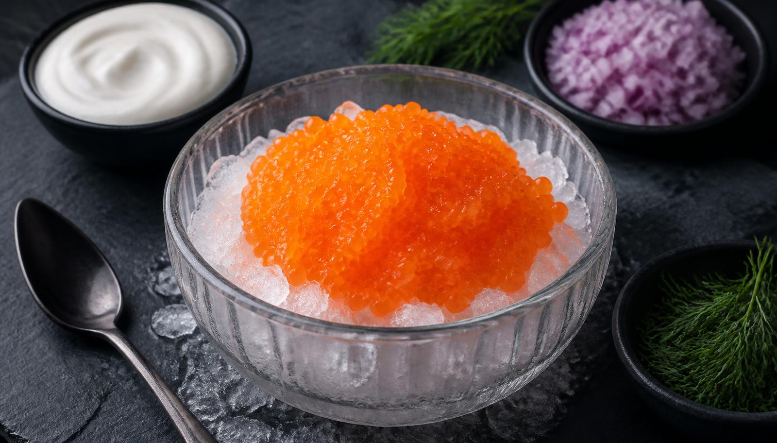Skål med färsk löjrom på is med crème fraîche, rödlök och dill